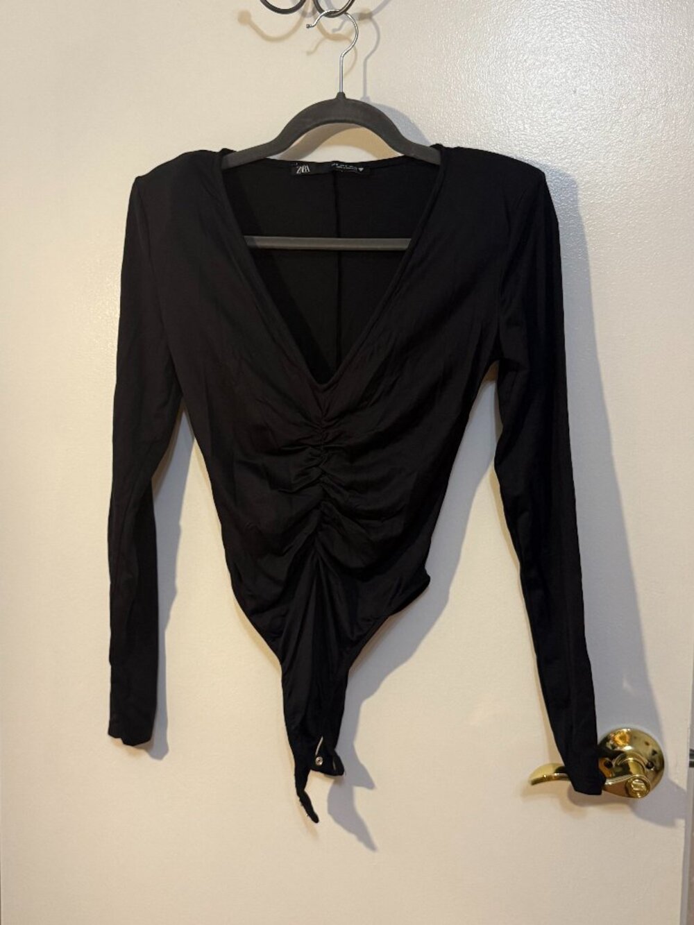 Zara Black Ruched Front Long Sleeve Bodysuit, M